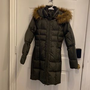 Army green puffer coat with faux fur hood